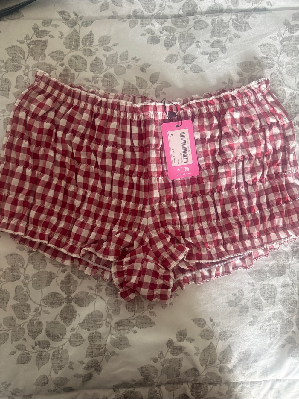 Edikted Pink and White Gingham Smocked Sleep Shorts
